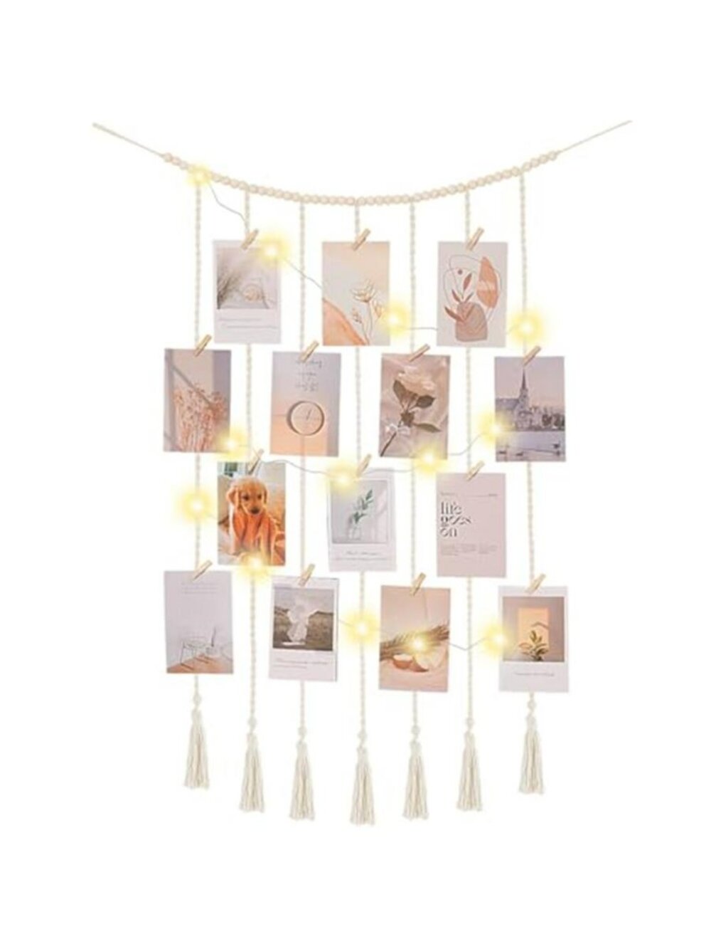 Macrame Hanging Photo Display Boho Wall Decor with String Lights Wooden Beads
